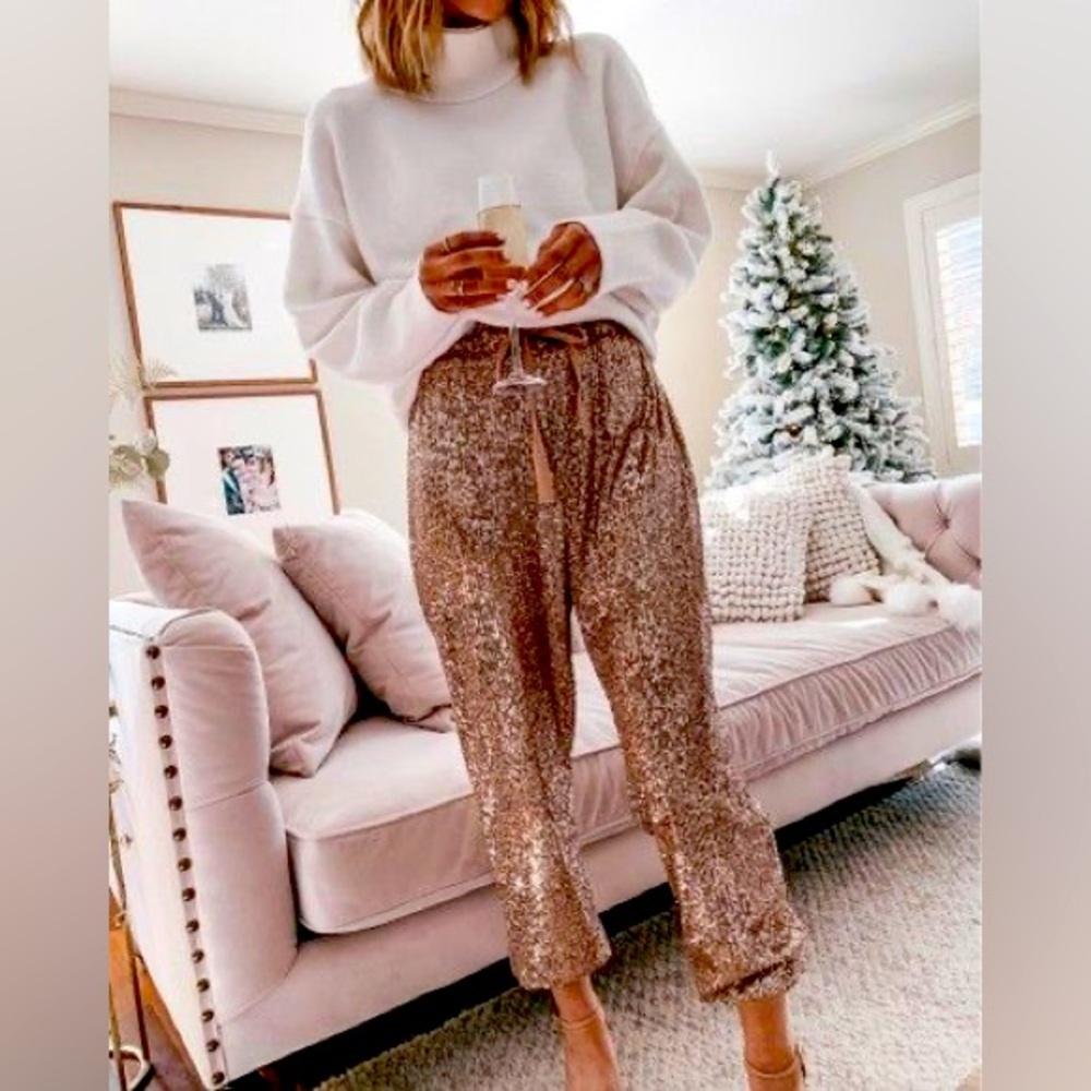 Drawstring Design Shiny Sequins Cuffed Pants Party-wear with lining. Rose gold